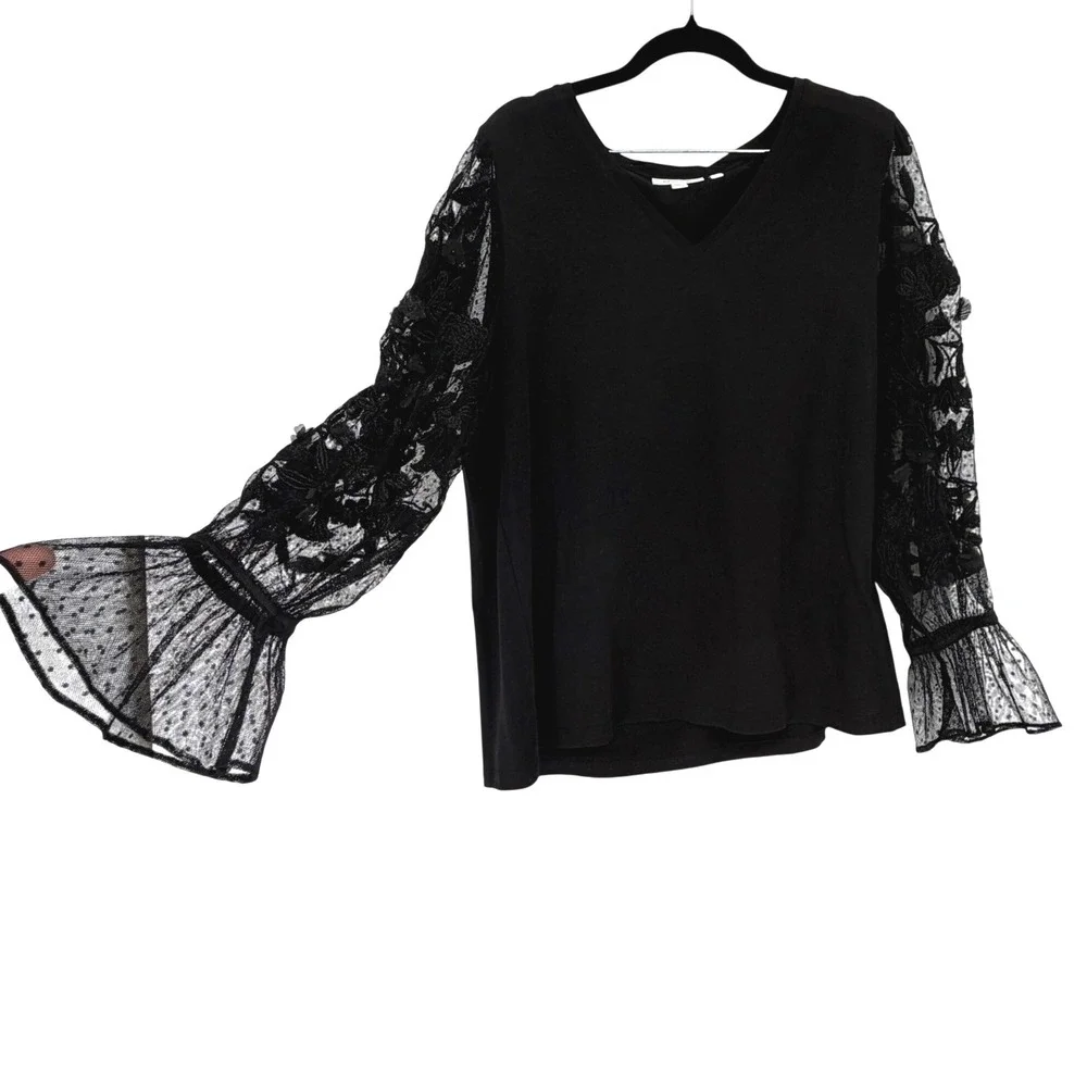 Chico's Pima Cotton Lace Sleeve Top Size 2 Large Black Bell Sleeve Blouse